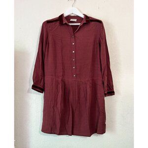 Wrap Womens Long Sleeve Shirt Dress Size 2 Burgundy Red Velvet Trim Pleated